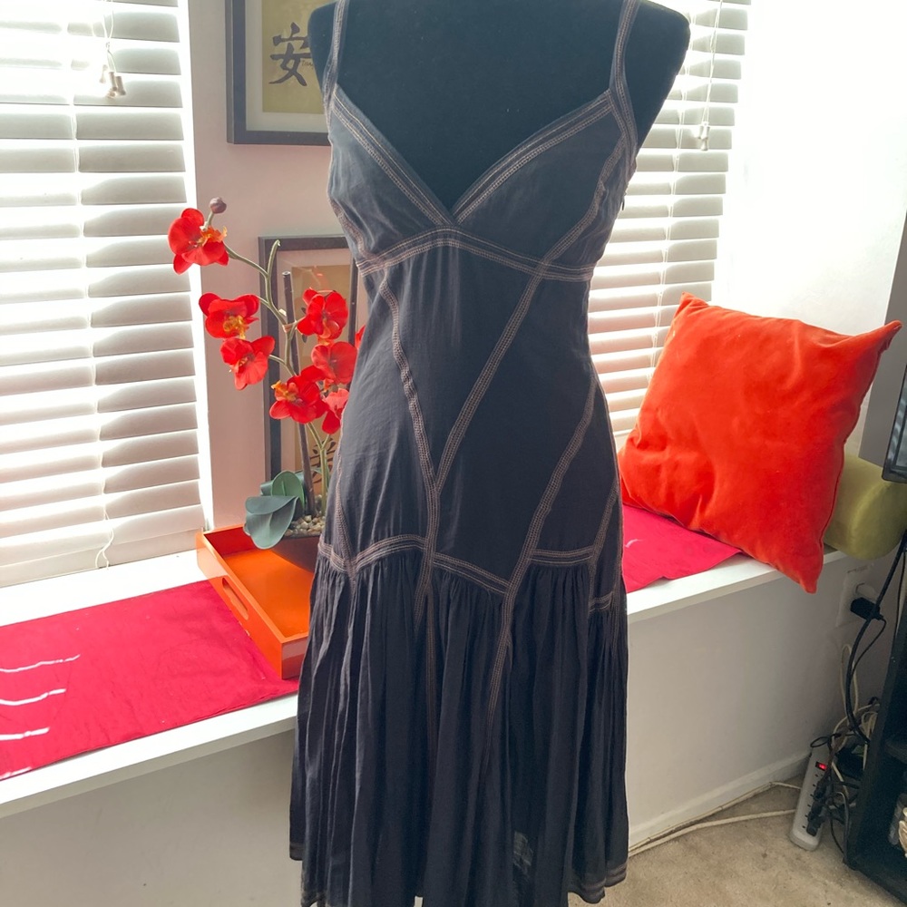 Dark Navy Blue Dress trimmed in beige /Navy Thread